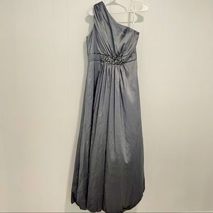 Bari Jay One Shoulder Taffeta Gown with Embellished Jewels and Pockets